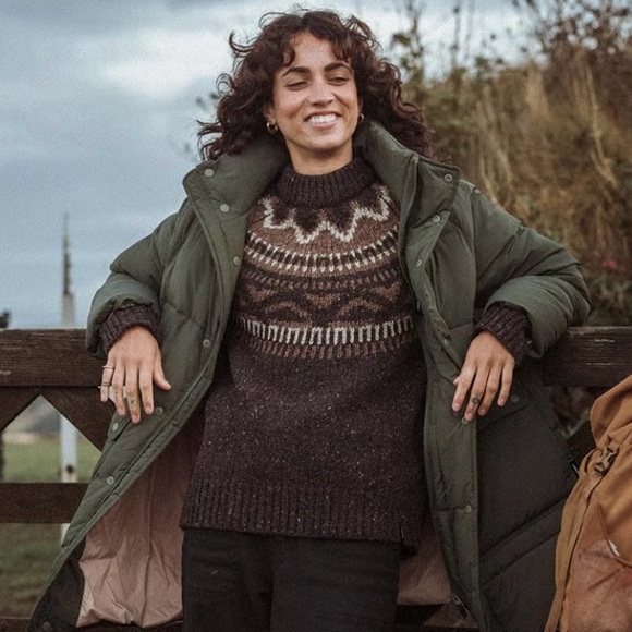Finisterre Sweaters - Finisterre Porth Fair Isle Yoke Jumper in Burnt Umber/Caramel UK 8/ US4